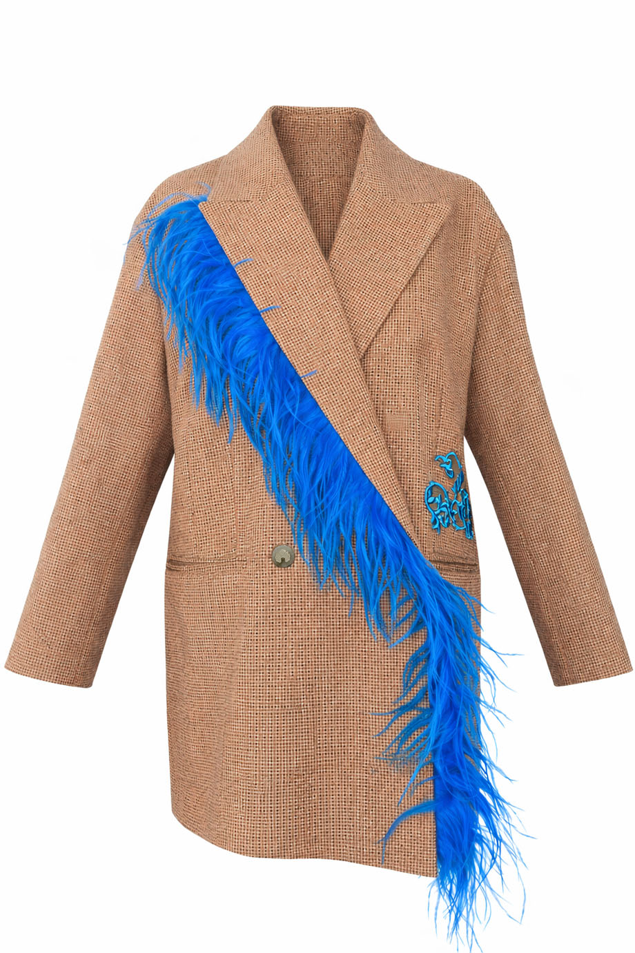Жакет двубортный c отделкой из перьев